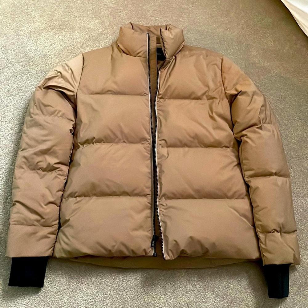 Theory Stand Collar Puffer Coat in Golden Beige